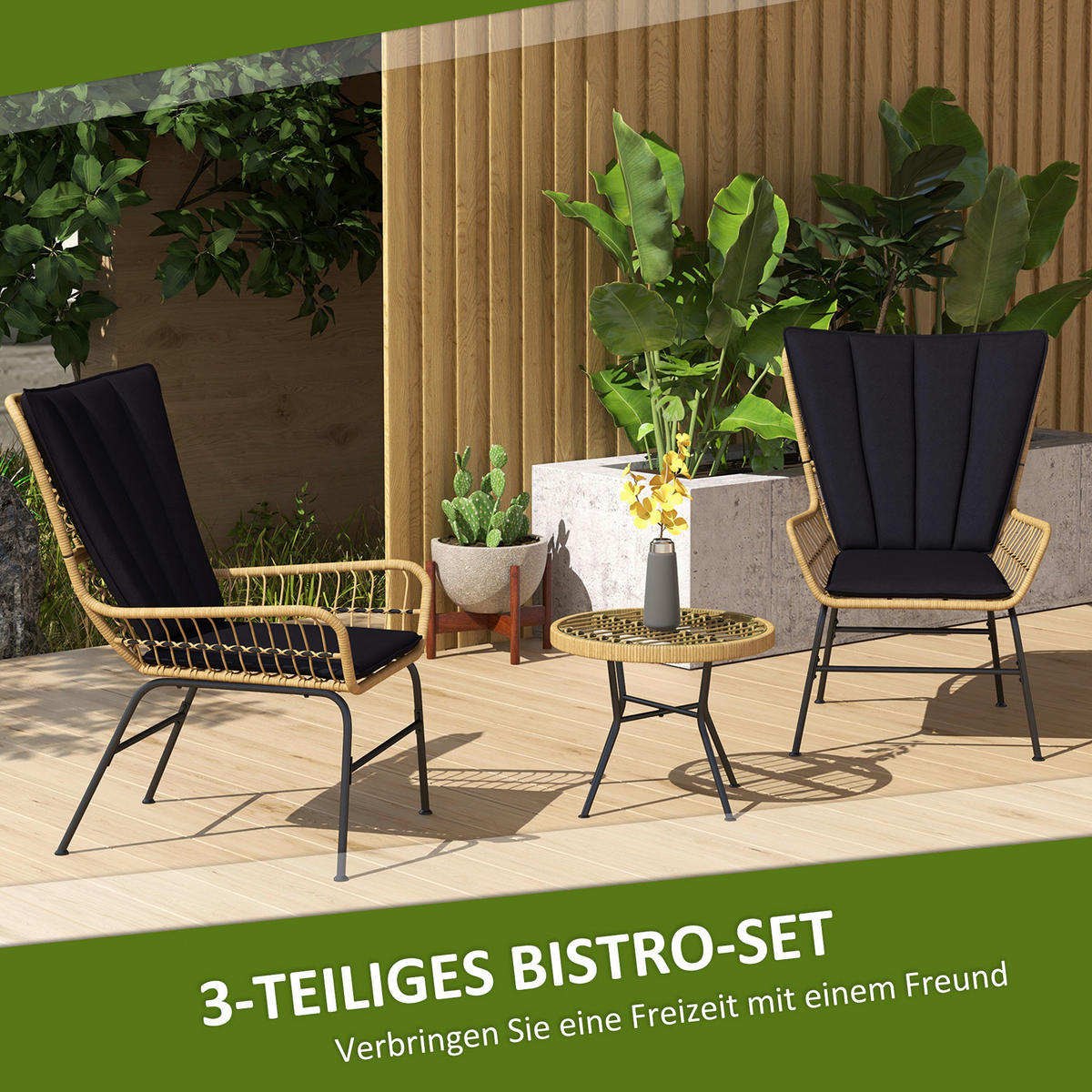 Outsunny Bistro-Set schwarz Polyrattan B/H/L: ca. 68x95x78 cm Bistro-Set - schwarz (78,00/68,00/95,00cm) - Outsunny