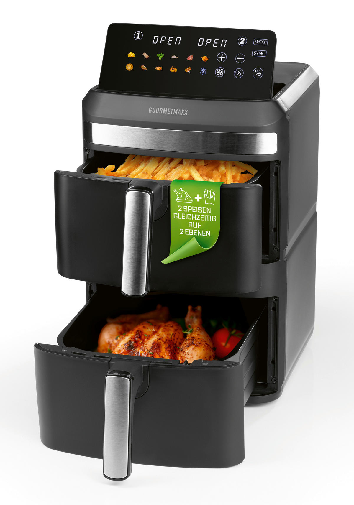 GOURMETmaxx Heißluftfritteuse Doppel-Heißluftfritteuse 16818 - schwarz (33,00/41,00/49,00cm) - GOURMETmaxx