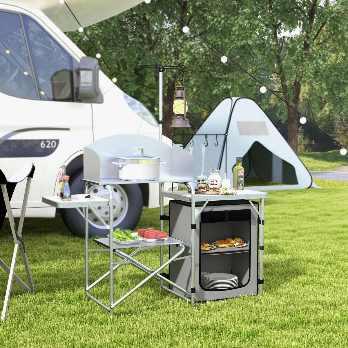 Outsunny Camping Küche B/H/L: ca. 48x119x144 cm Camping Küche - silber (144,00/48,00/119,00cm) - Outsunny