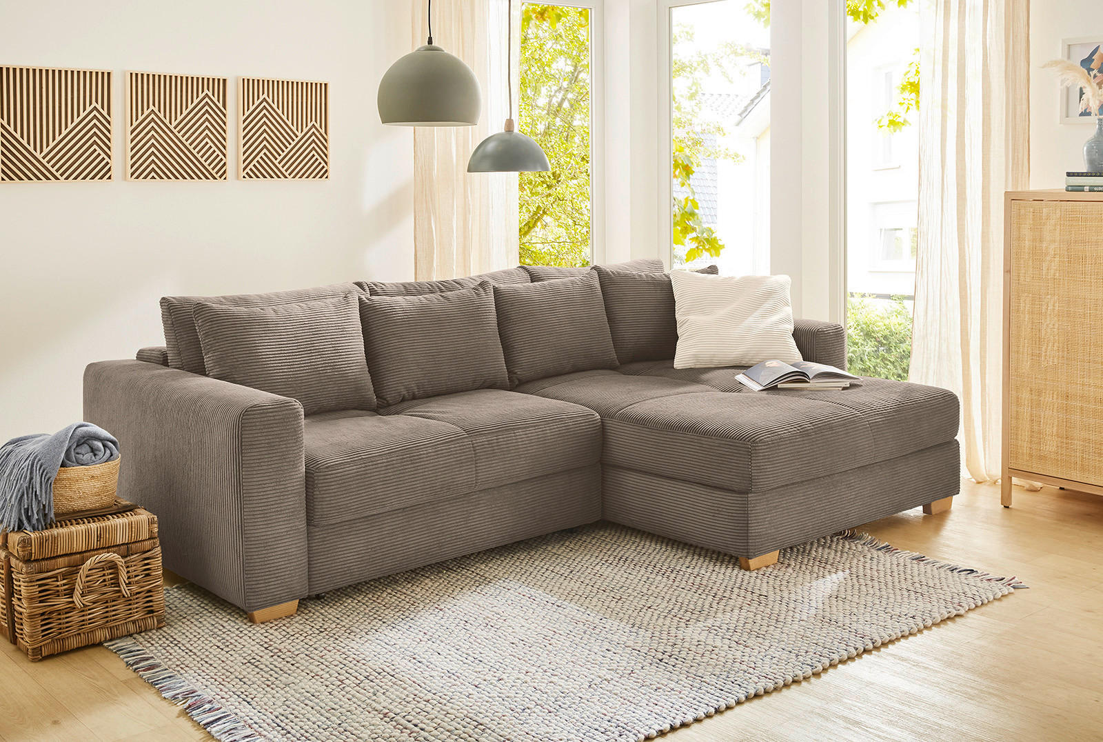 Thumbnail - Ecksofa mit Bettfunktion und Bettkasten beige Velourstoff B/H/T: ca. 288x86x186 cm