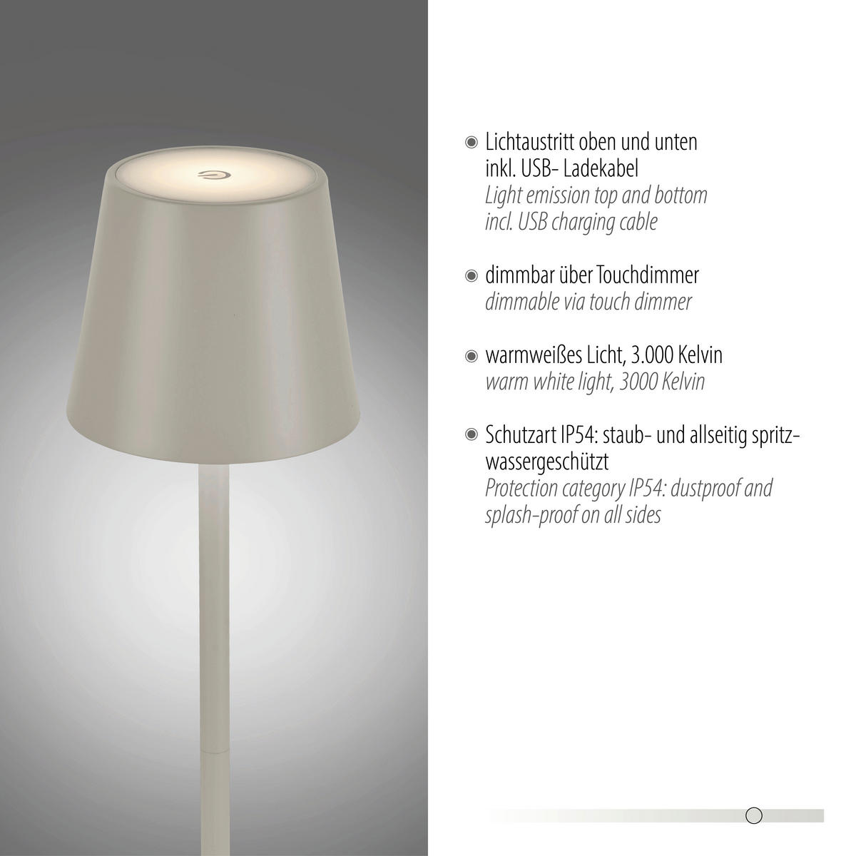 Just Light Akku-Tischleuchte EURIA 19250-40 beige Greige Metall Kunststoff B/H/D: ca. 11x37x11 cm 1 Brennstellen EURIA - beige/Greige (11,00/37,00cm) - Just Light