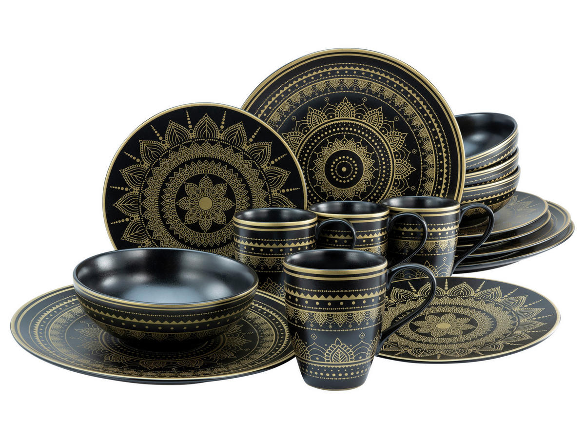 CreaTable Kombiservice MANDALA GOLD schwarz Steinzeug 16 tlg. MANDALA GOLD - gold/schwarz - CreaTable