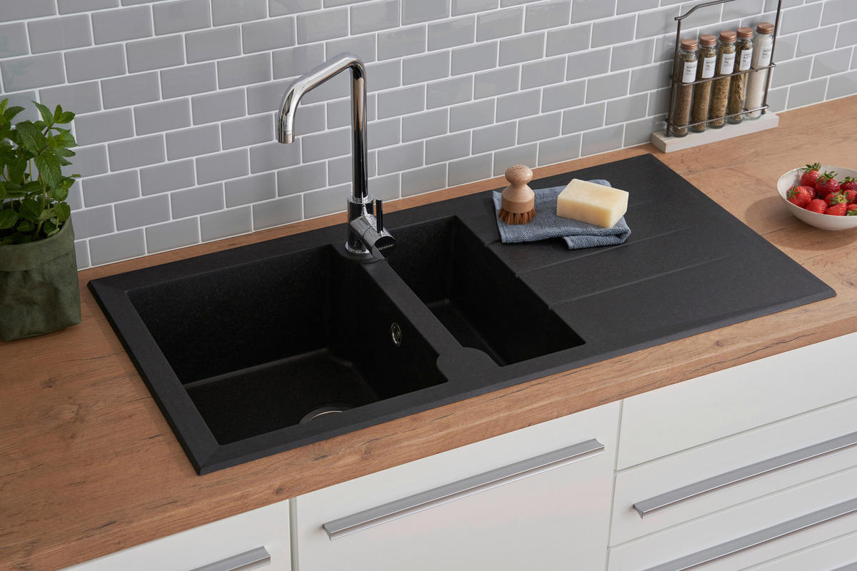 Respekta Einbauspüle Alineo 100 x 50 S schwarz Quarzolite B/H/T: ca. 100x21x50 cm Alineo 100 x 50 S - schwarz (100,00/21,00/50,00cm) - Respekta