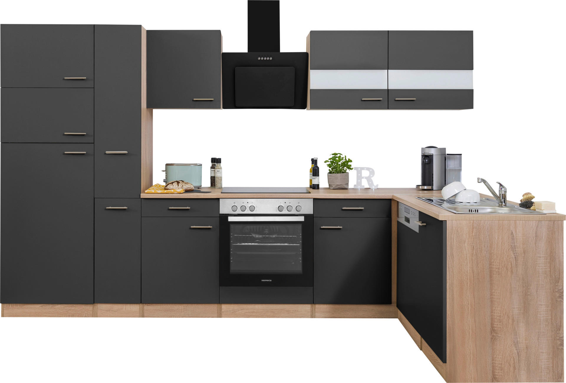 Respekta Winkelküche Economy grau matt B/H/T: ca. 310x200x172 cm Economy - Eiche/grau (310,00/200,00/172,00cm) - Respekta
