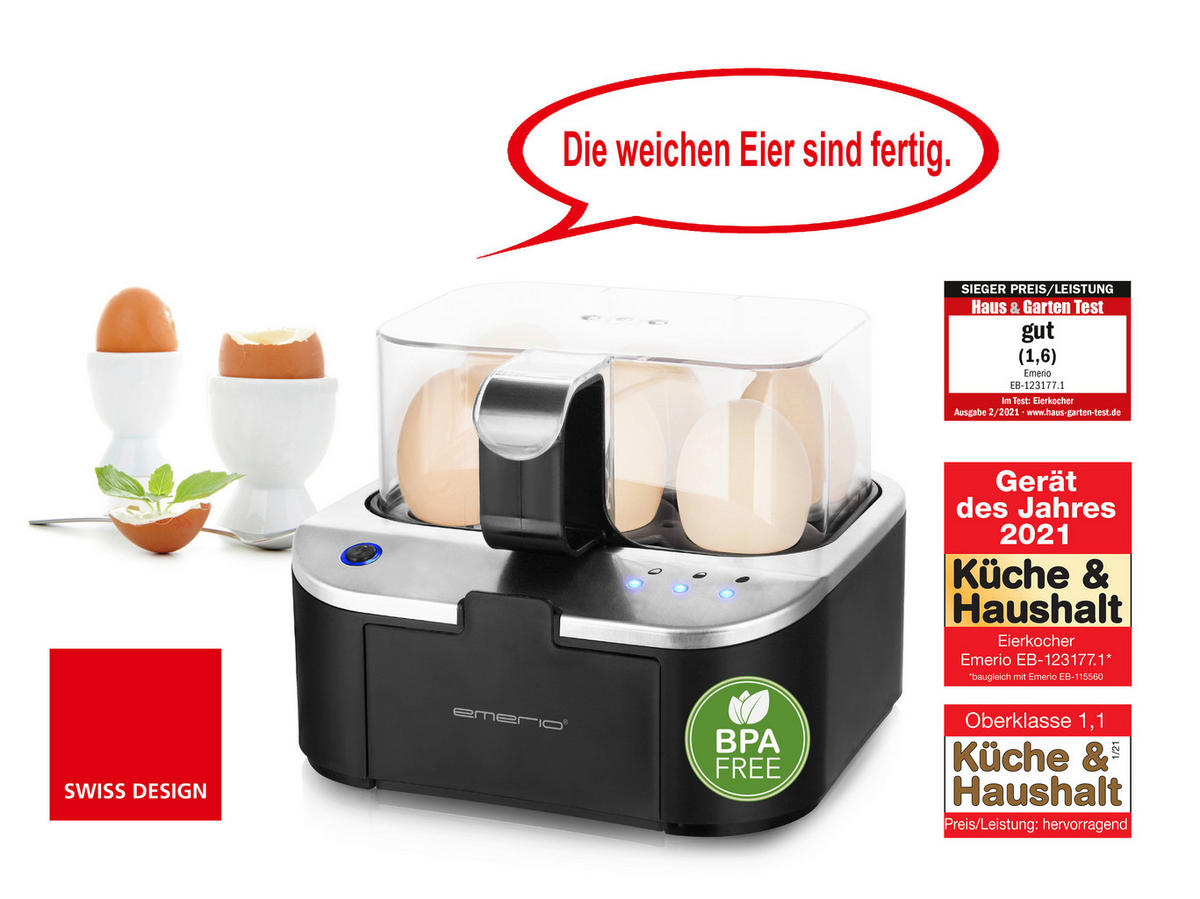 Emerio Eierkocher EB-123177.1 schwarz transparent silber Kunststoff B/H/T: ca. 17,5x15x19 cm Eierkocher EB-123177.1 - schwarz/silber (17,50/15,00/19,00cm) - Emerio