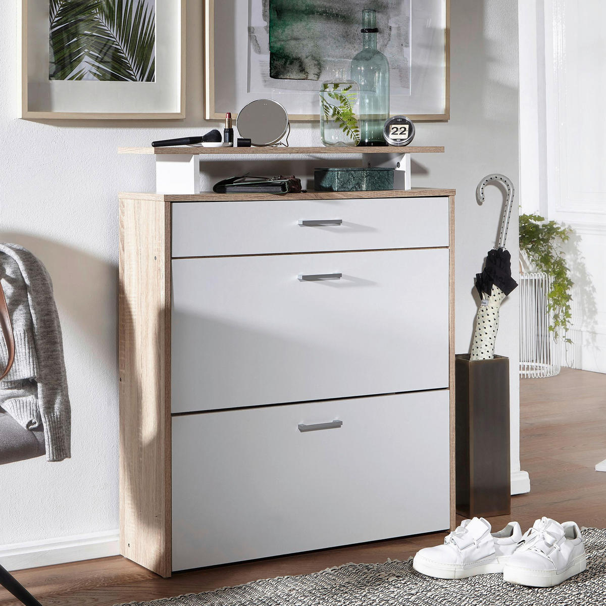 Schuhschrank Eiche Sonoma Nachbildung weiß B/H/T: ca. 80x95x24 cm Schuhschrank - Eiche/weiß (80,00/95,00/24,00cm) - Wohnling