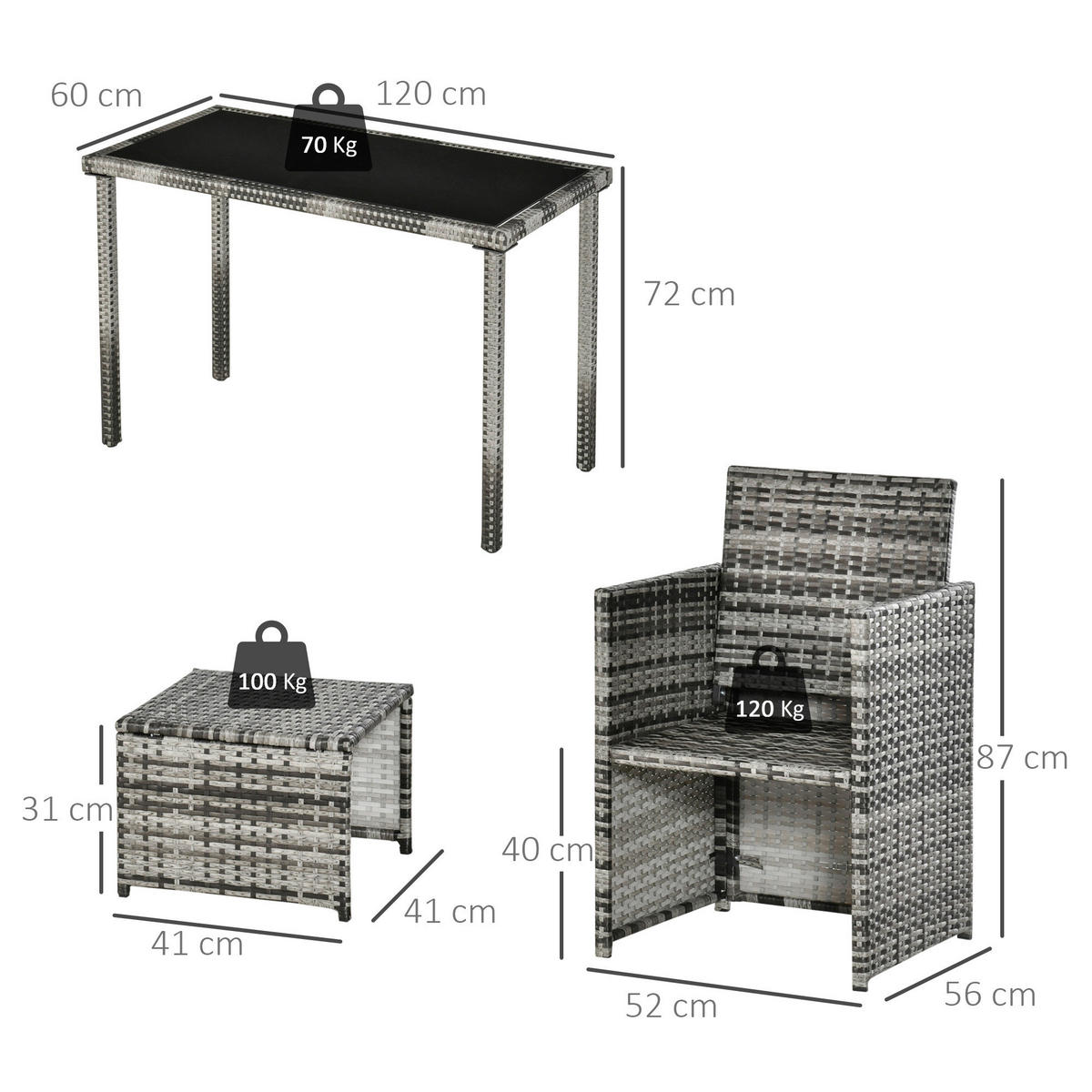 Outsunny Sitzgruppe grau Glas B/H/L: ca. 60x120x72 cm Sitzgruppe - grau (72,00/60,00/120,00cm) - Outsunny