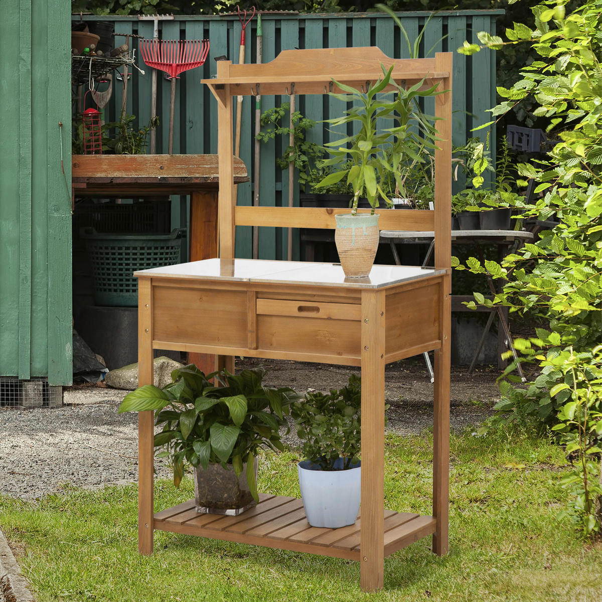 Outsunny Pflanztisch mit Haken natur B/H/L: ca. 42x142x80 cm Pflanztisch 845-375 - natur (80,00/42,00/142,00cm) - Outsunny