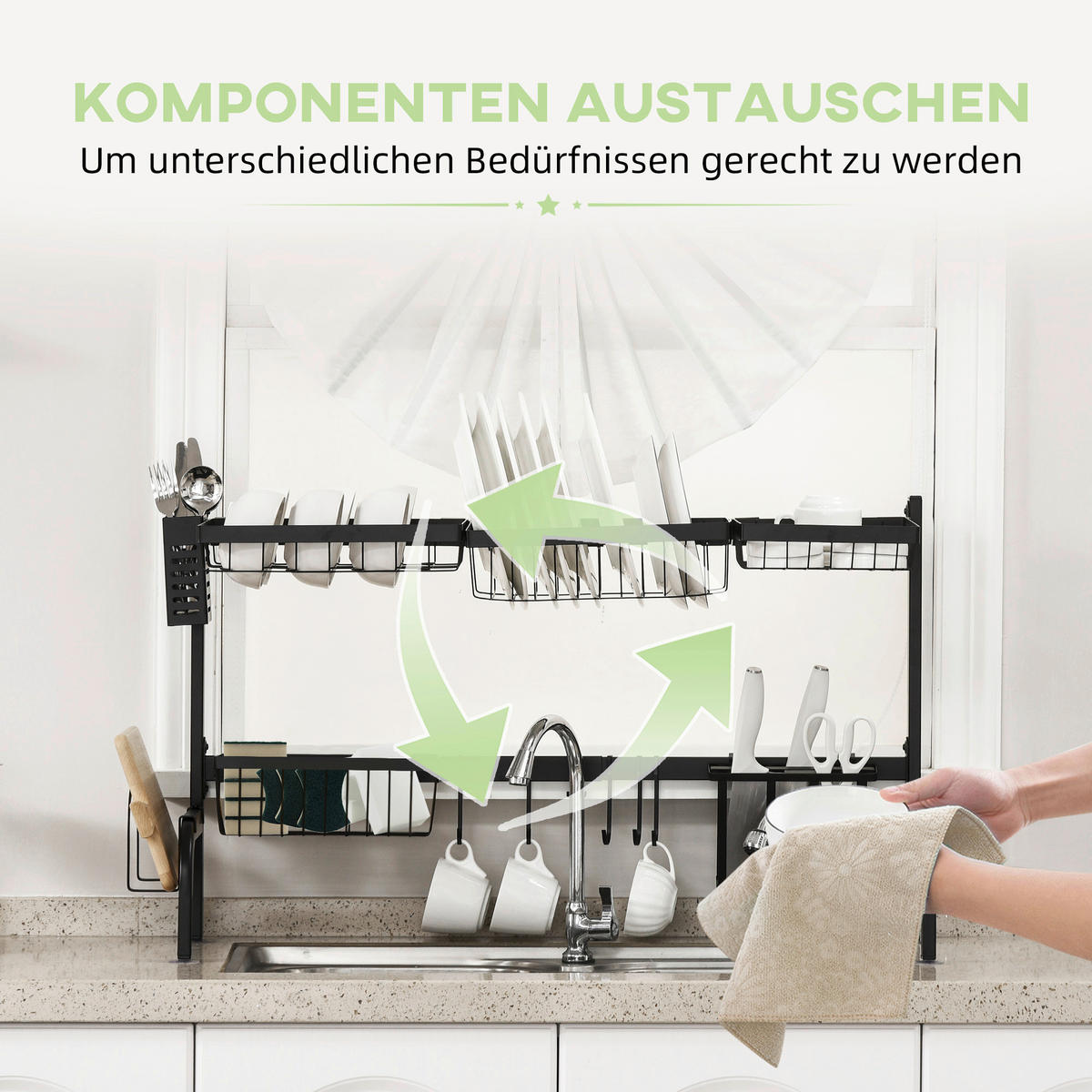 HOMCOM Küchenhelfer schwarz Edelstahl B/H/L: ca. 30x93x52 cm Abtropfgestell - schwarz (52,00/30,00/93,00cm) - HOMCOM
