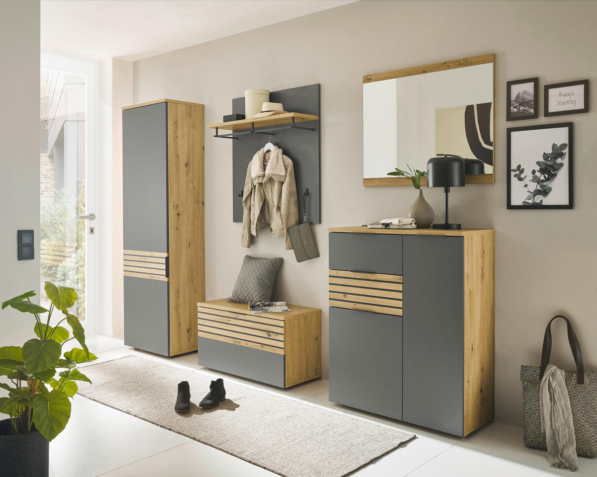 Garderobenpaneel Milan grau Eiche Artisan Nachbildung B/H/T: ca. 858x95x27 cm Milan - Eiche/grau (858,00/95,00/27,00cm)