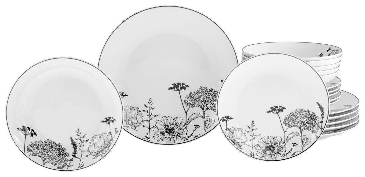 CreaTable Tafelservice Luna Black Flower weiß Porzellan 18 tlg. Luna Black Flower - weiß - CreaTable