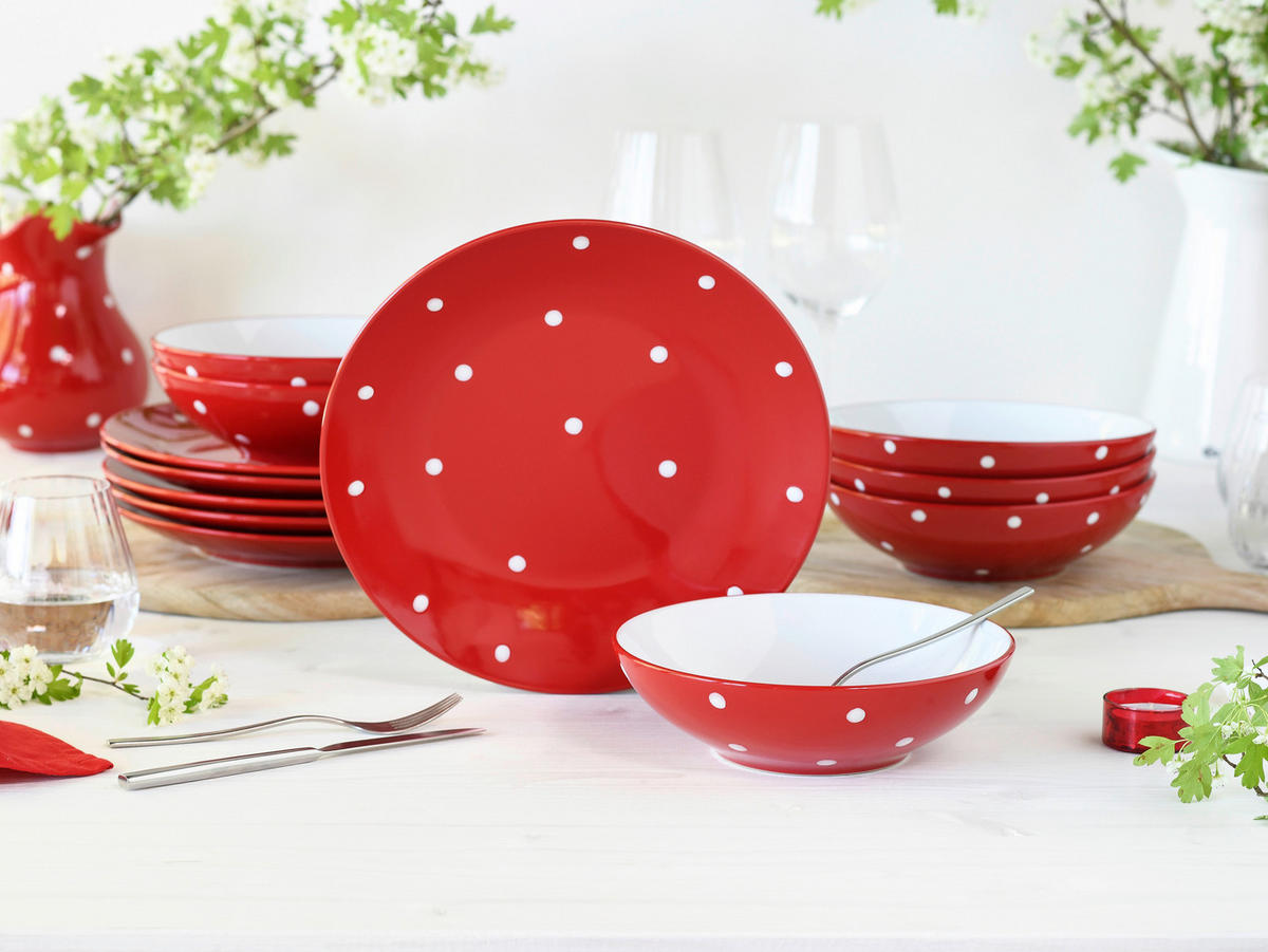 CreaTable Tafelservice Polka Dots weiß Steinzeug 12 tlg. Polka Dots - weiß/rot - CreaTable