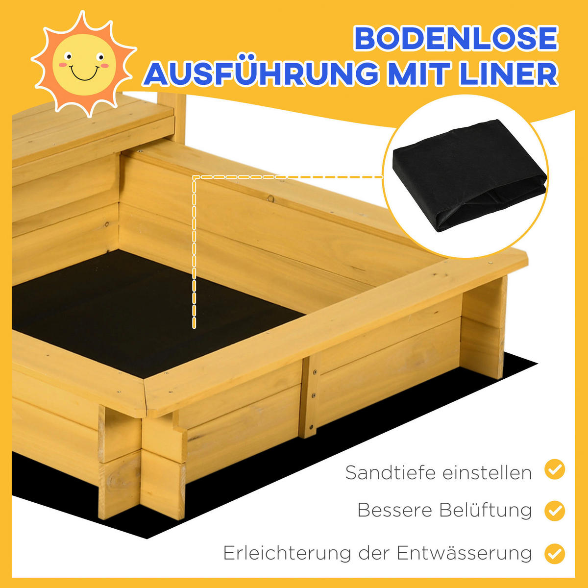Outsunny Sandkasten natur B/H/L: ca. 129x133x137,5 cm Sandkasten - natur (137,50/129,00/133,00cm) - Outsunny