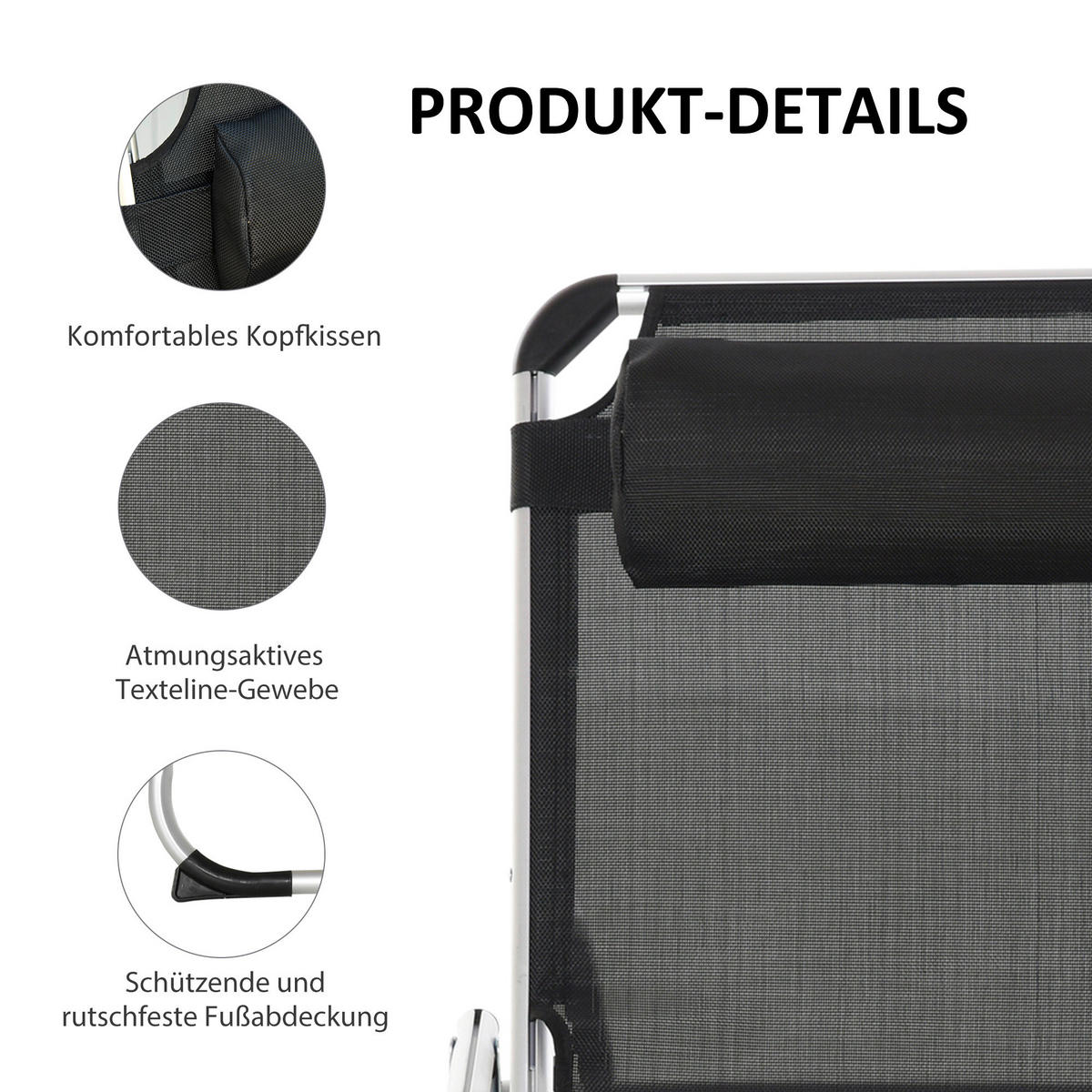 Outsunny Sonnenliege mit Kopfkissen schwarz Aluminium B/H/L: ca. 60x76x170 cm Sonnenliege mit Kopfkissen - schwarz (170,00/60,00/76,00cm) - Outsunny