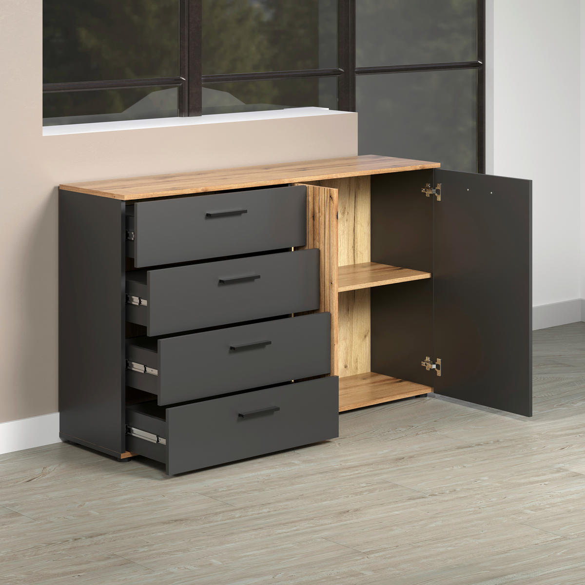Kommode Esteban anthrazit Eiche Evoke Coast Nachbildung B/H/T: ca. 139x86x38 cm Esteban - Eiche/anthrazit (139,00/86,00/38,00cm)
