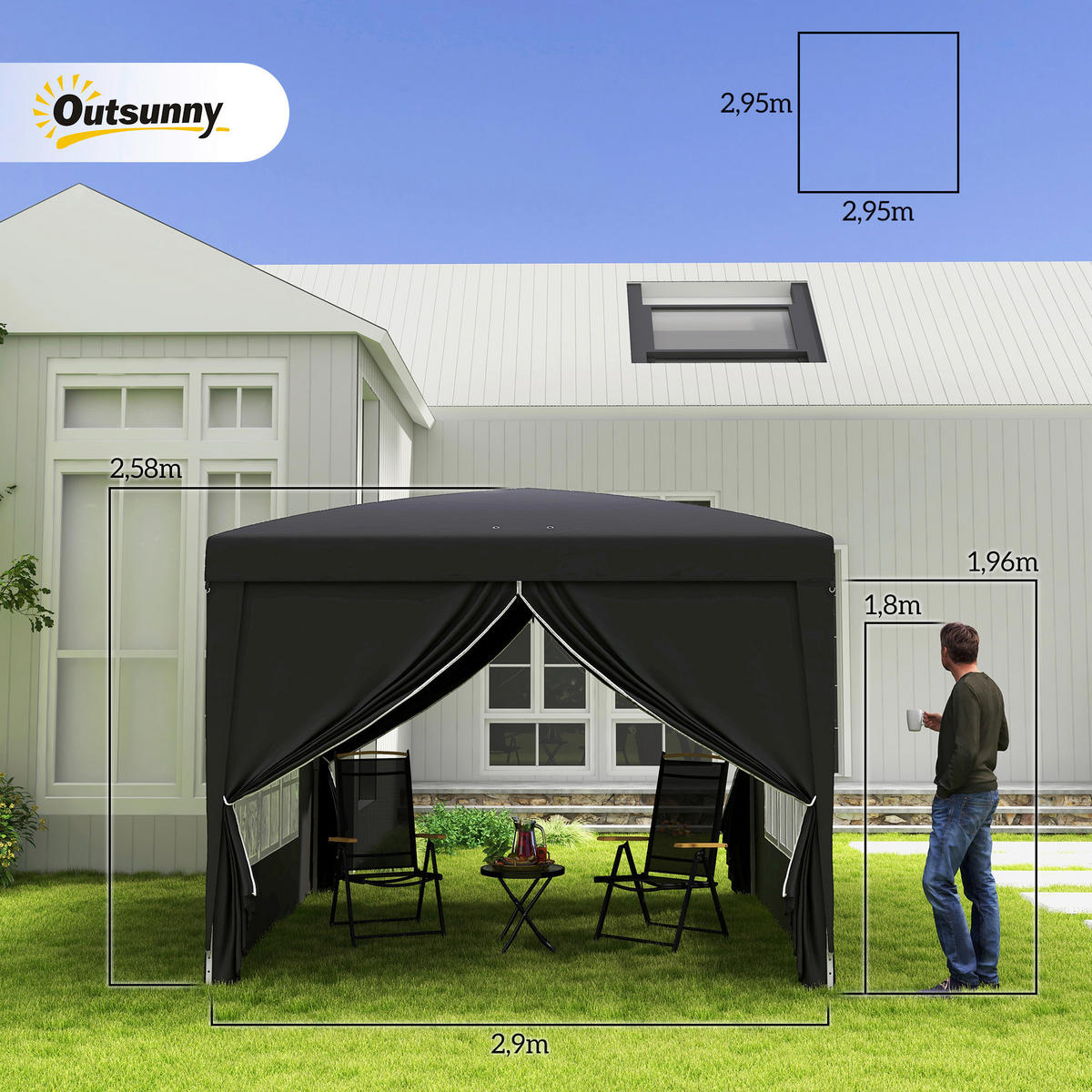 Outsunny Pavillon schwarz Stahl B/H/L: ca. 295x258x295 cm Pavillon - schwarz (295,00/295,00/258,00cm) - Outsunny