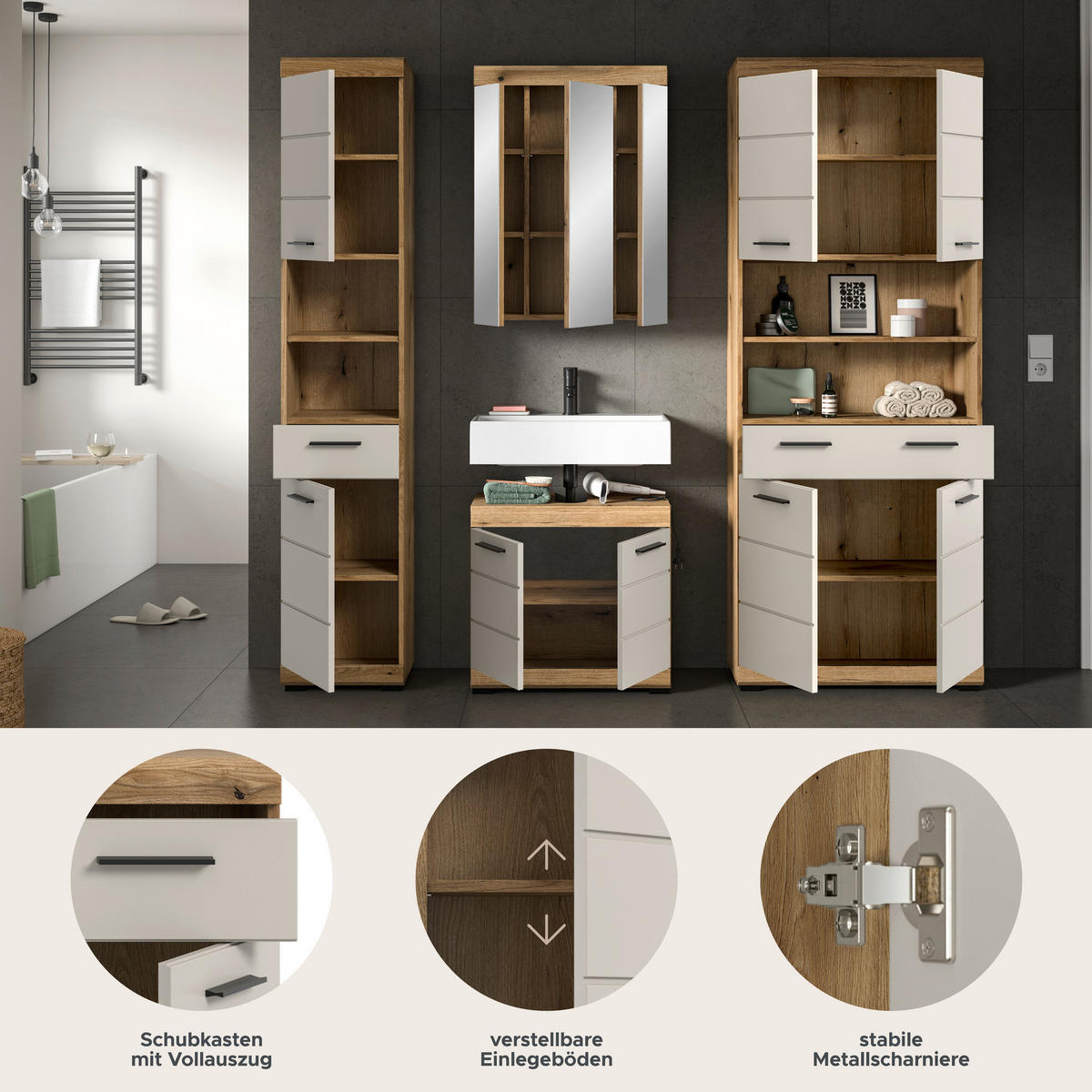Badezimmer-Set Scout Evoke Oak Nachbildung Kaschmirgrau Nachbildung B/H/T: ca. 201x191x34 cm Scout - Kaschmirgrau (201,00/191,00/34,00cm) - xonox.home