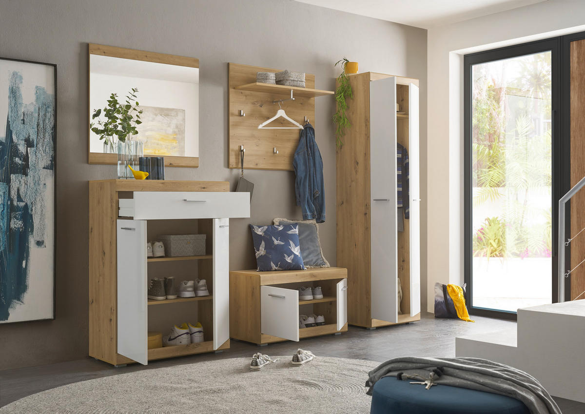 Garderobenschrank Nola Eiche Artisan Nachbildung weiß Hochglanz B/H/T: ca. 55x195x38 cm Nola - Eiche/weiß (55,00/195,00/38,00cm)