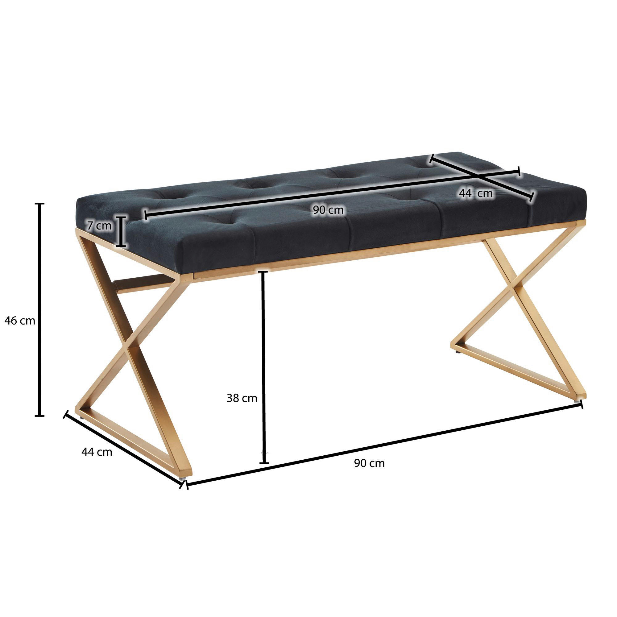 Sitzbank schwarz gold lackiert Edelstahl Samt B/H/T: ca. 90x46x44 cm Sitzbank - gold/schwarz (90,00/46,00/44,00cm) - Wohnling
