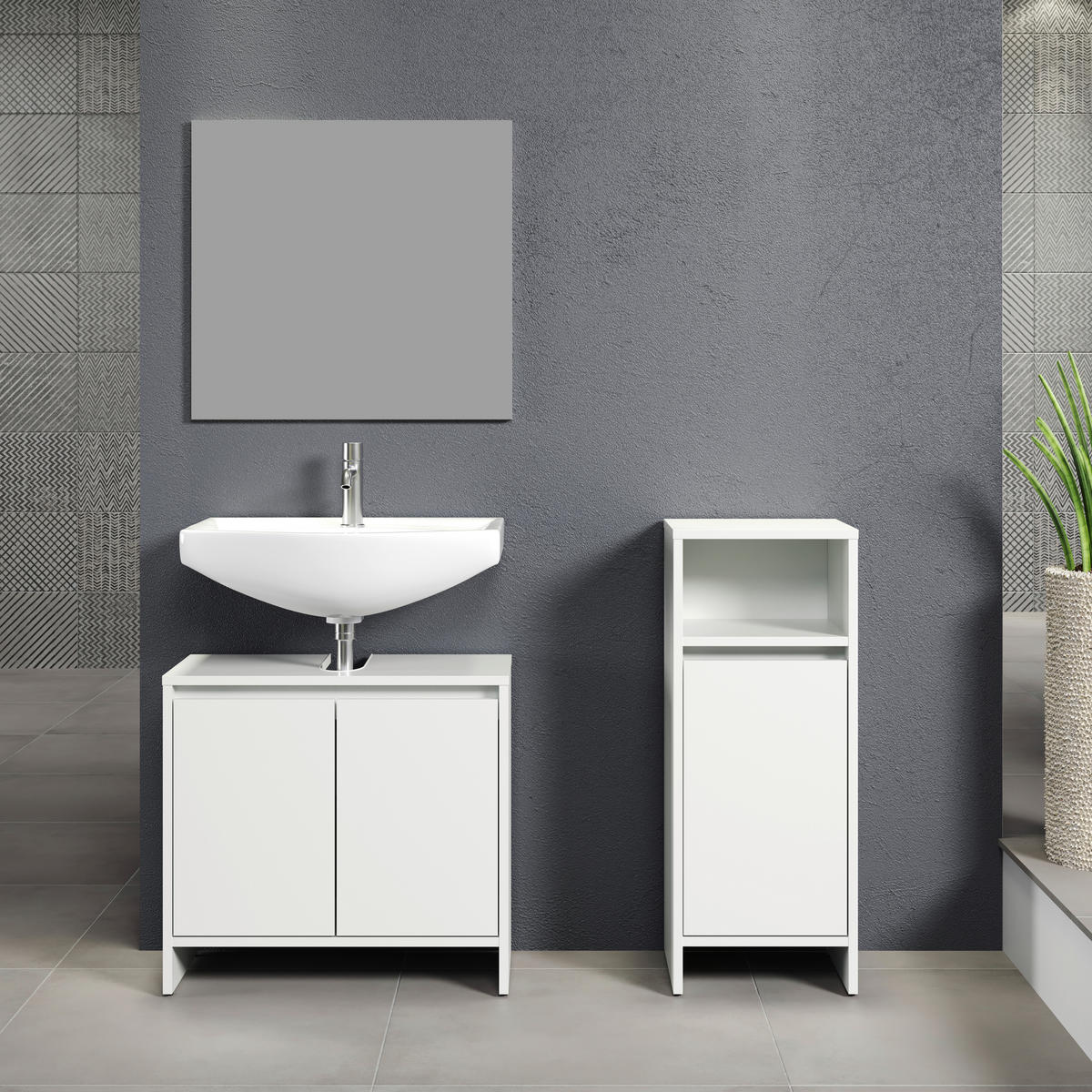 Badezimmer-Set Basix weiß matt grau B/H/T: ca. 107x164x28 cm Basix - weiß/grau (107,00/164,00/28,00cm) - Trendteam