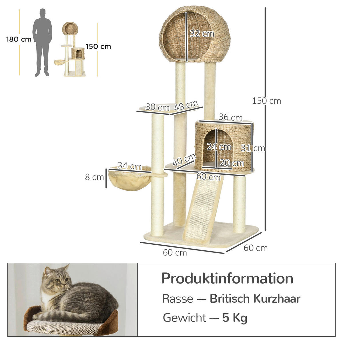 PawHut Kratzbaum beige Spanplatte B/H/L: ca. 60x60x150 cm Kratzbaum - beige (150,00/60,00/60,00cm) - PawHut