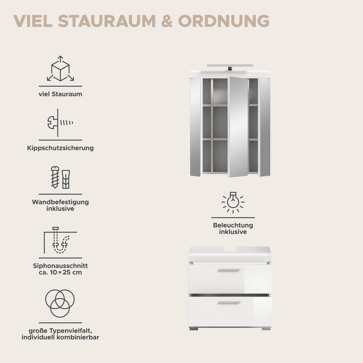 Badezimmer-Set Scout weiß weiß Hochglanz B/H/T: ca. 60x191x37 cm Scout - weiß (60,00/191,00/37,00cm) - xonox.home