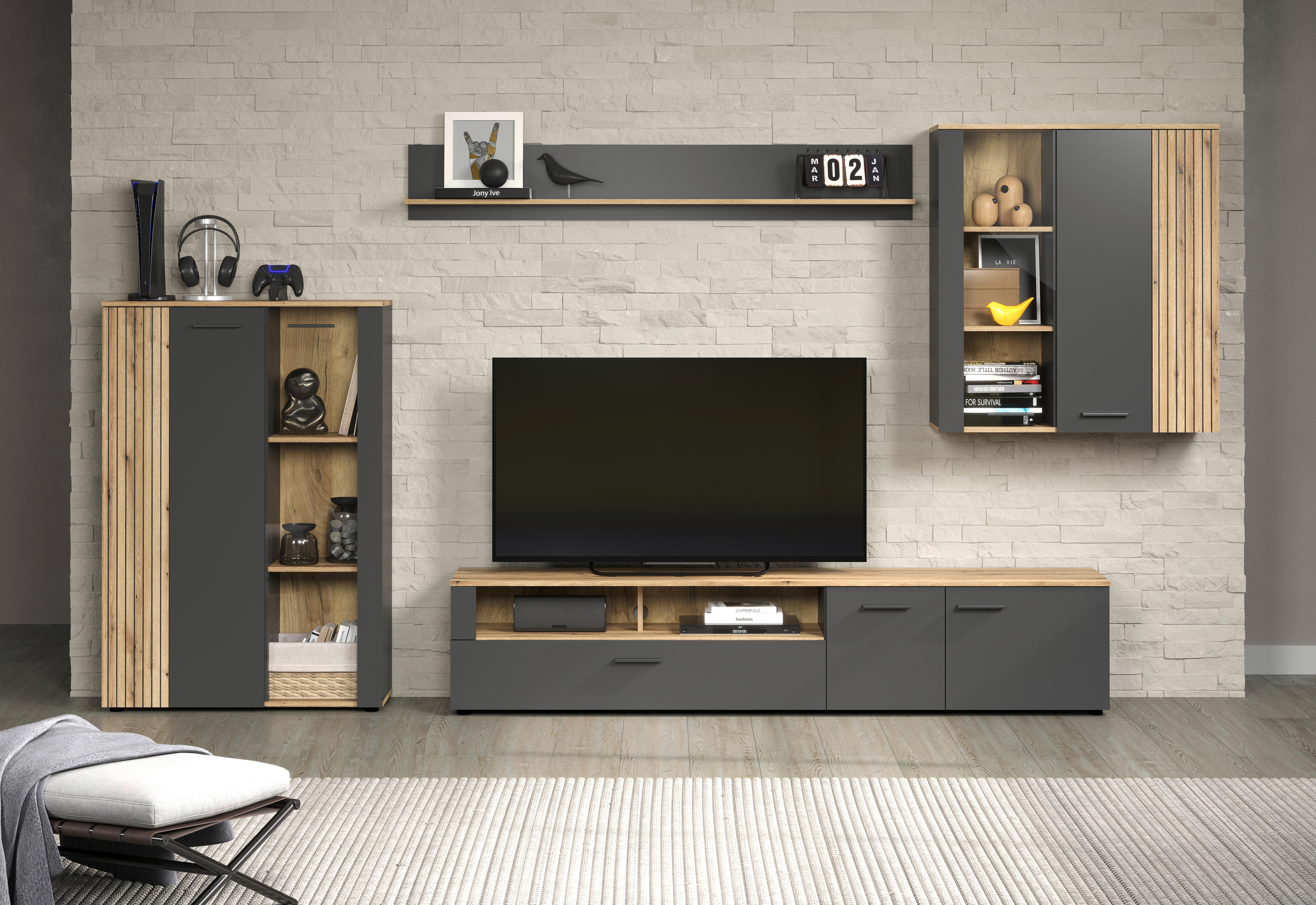 Sideboard Esteban anthrazit Eiche Nachbildung B/H/T: ca. 150x83x42 cm Esteban - Eiche/anthrazit (150,00/83,00/42,00cm)