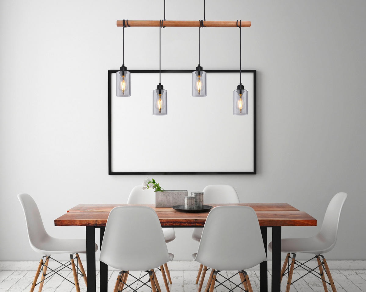 GLOBO Pendelleuchte HADERA 15465-4H1 schwarz natur Metall Holz Rauchglas B/H/T: ca. 98x130x15 cm E27 4 Brennstellen HADERA - natur/schwarz (98,00/130,00/15,00cm) - GLOBO