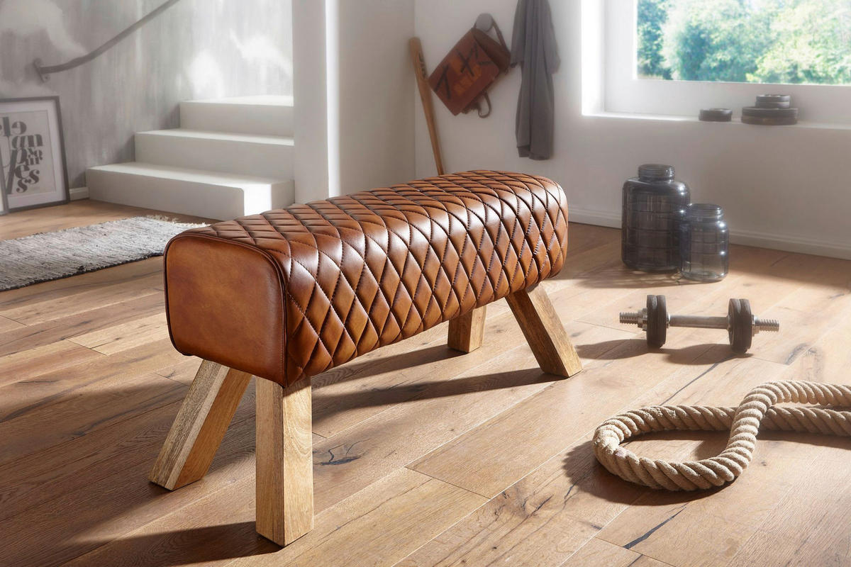 Wohnling Sitzbank braun natur Leder Echtholz B/H/T: ca. 89x46x35 cm Sitzbank - braun/natur (89,00/46,00/35,00cm) - Wohnling