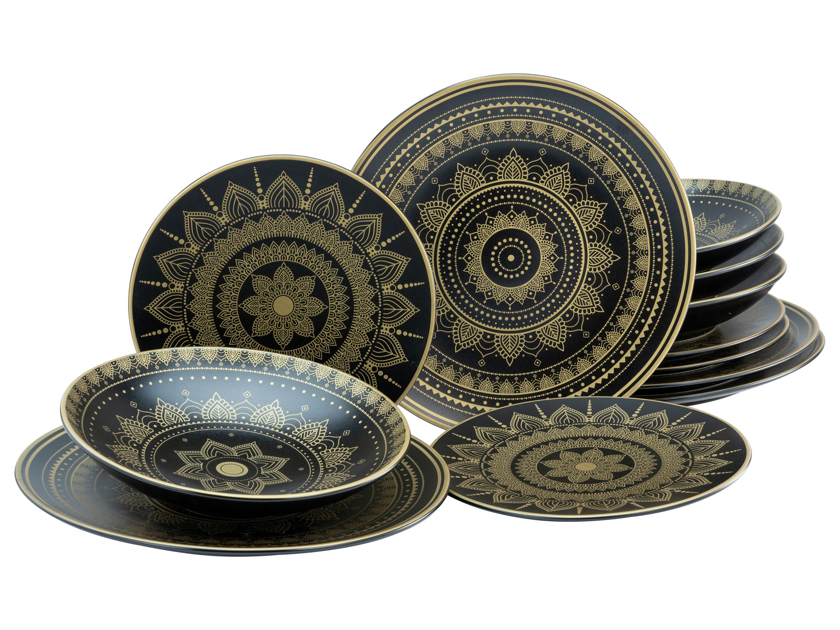 CreaTable Tafelservice MANDALA GOLD schwarz Steinzeug 12 tlg. MANDALA GOLD - schwarz - CreaTable