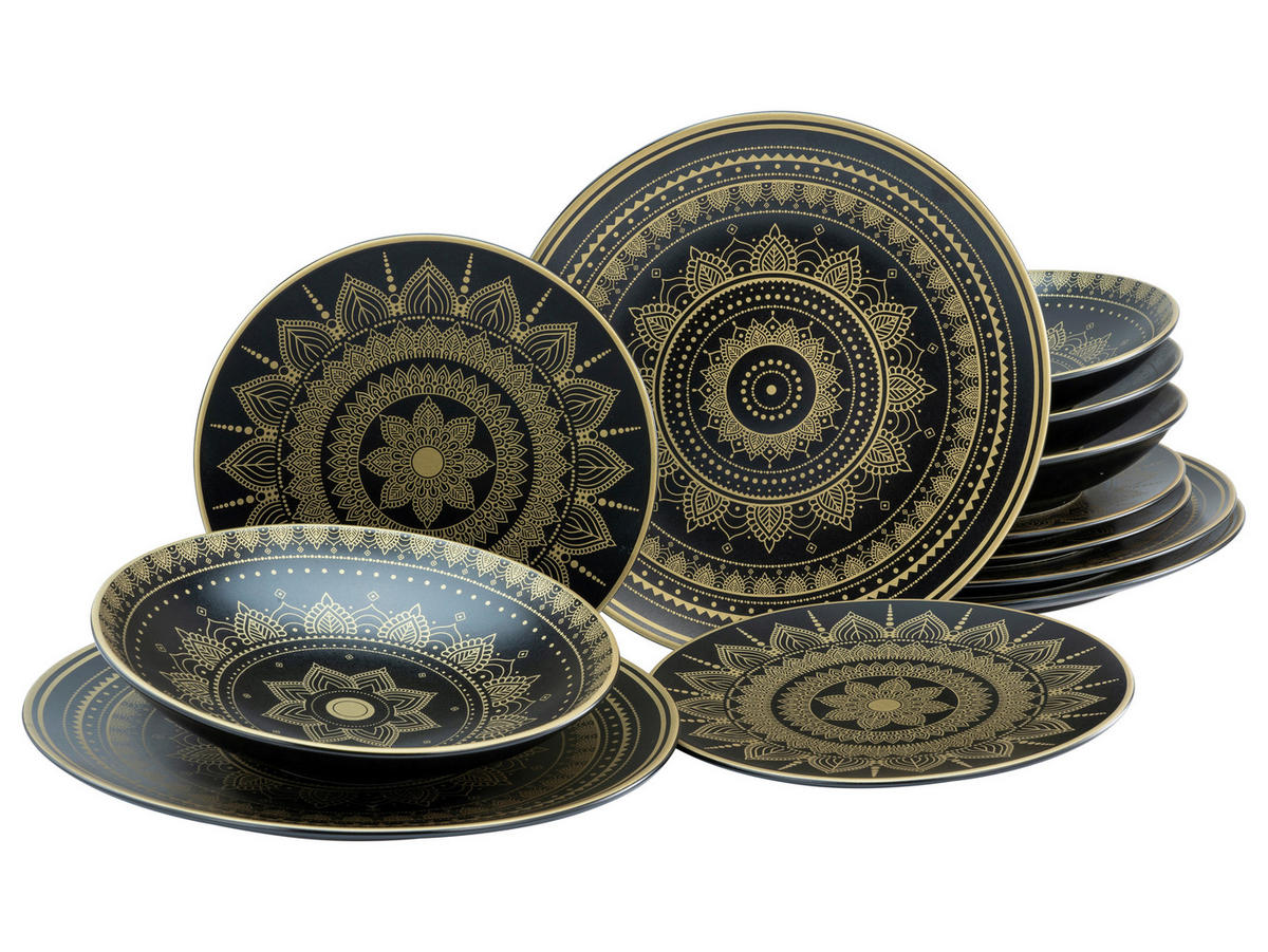 CreaTable Tafelservice MANDALA GOLD schwarz Steinzeug 12 tlg. MANDALA GOLD - schwarz - CreaTable