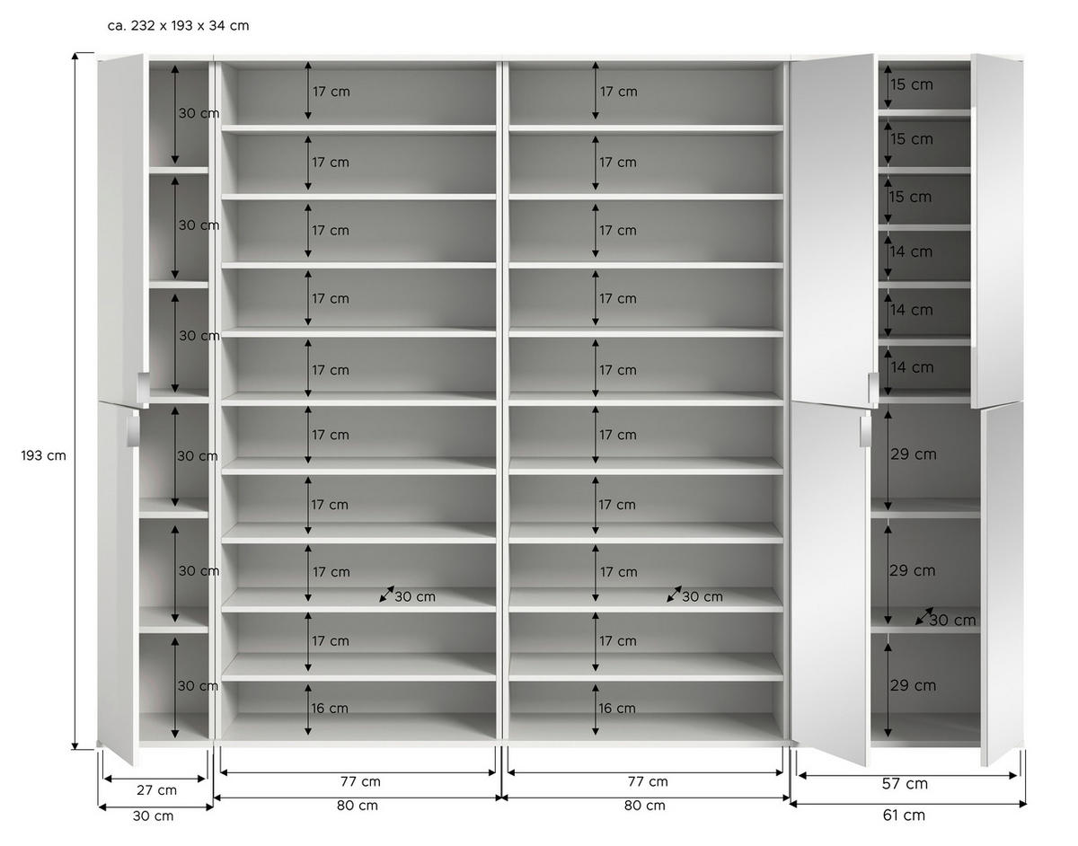 Garderobe PROJEKT X weiß weiß Hochglanz B/H/T: ca. 232x191x37 cm PROJEKT X - weiß (232,00/191,00/37,00cm) - xonox.home