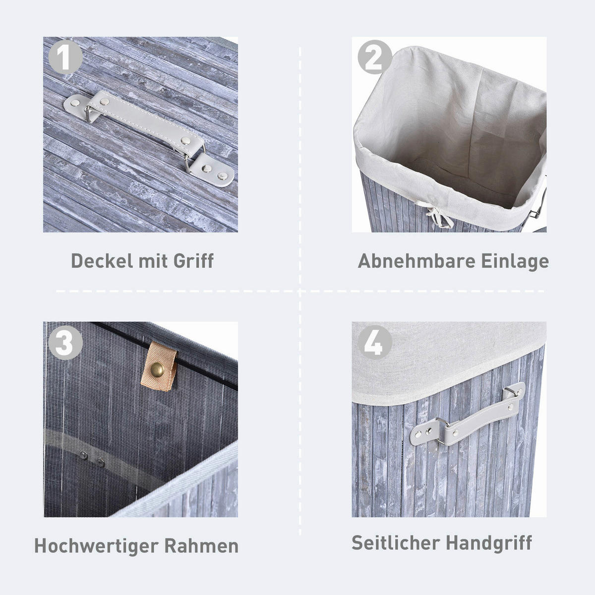 Wäschekorb mit 2 Tragegriffen grau Bambus Stoff Kunststoff B/H/L: ca. 30x60x40 cm Wäschekorb 850-017GY - grau (40,00/30,00/60,00cm) - HOMCOM