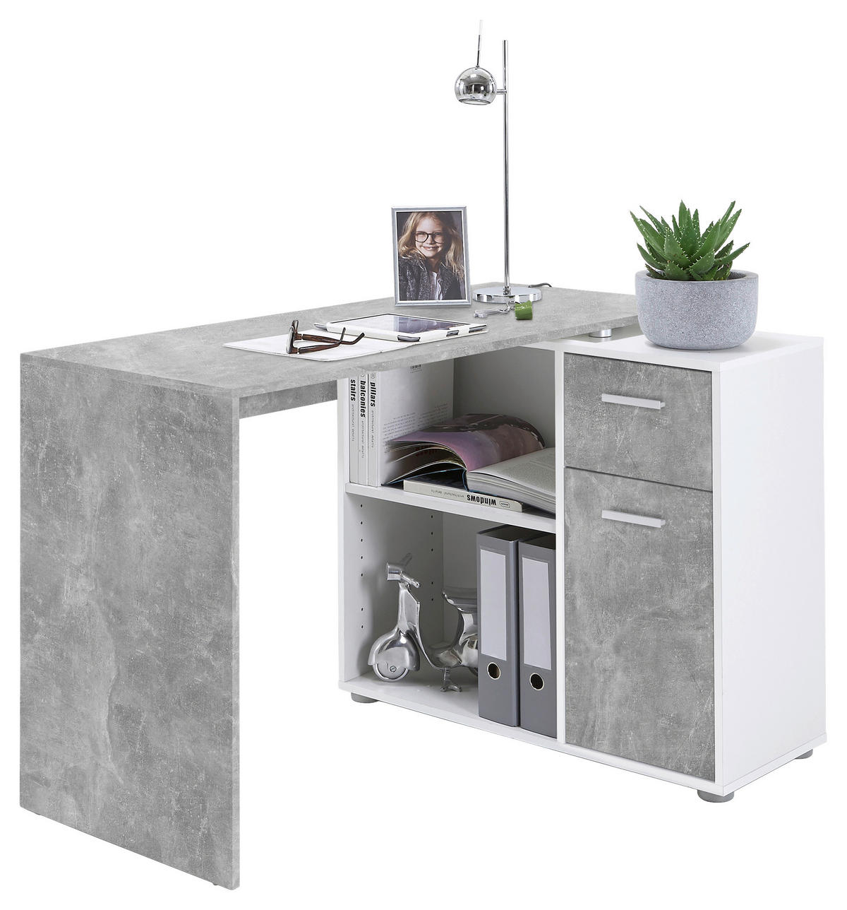 Winkelschreibtisch  Beton Optik weiß B/H/T: ca. 117x74x80 cm Albrecht_Winkelkombination 360-001 - Beton/weiß (117,00/74,00/80,00cm)