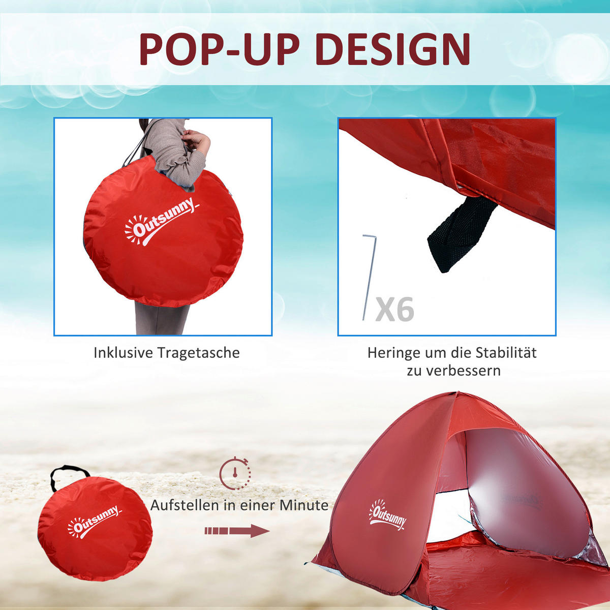 Outsunny Pop-Up Zelt rot Polyester-Mischgewebe B/H/L: ca. 200x115x150 cm Pop-Up_Zelt_für_2_Personen - rot (150,00/200,00/115,00cm) - Outsunny