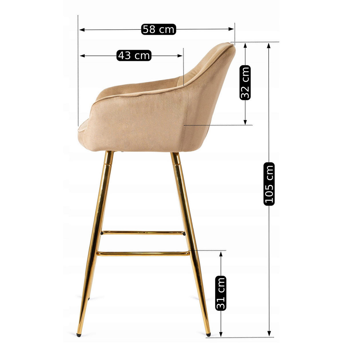 Barhocker SALEM beige Velourstoff B/H/T: ca. 53x105x58 cm SALEM - beige (53,00/105,00/58,00cm) - WIPMEB