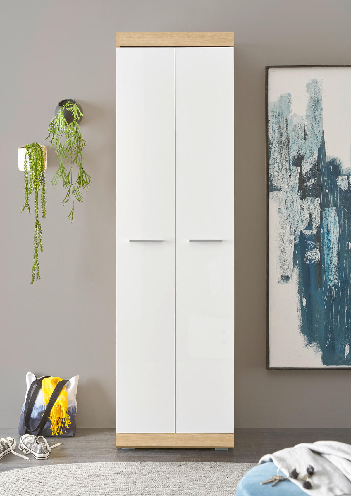 Garderobenschrank Nola Eiche Artisan Nachbildung weiß Hochglanz B/H/T: ca. 55x195x38 cm Nola - Eiche/weiß (55,00/195,00/38,00cm)