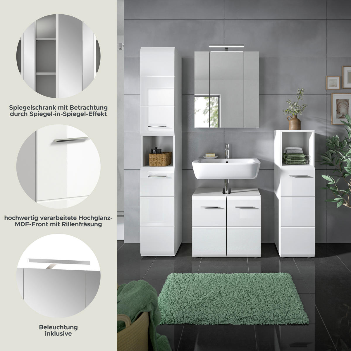 Badezimmer-Set Ice weiß weiß Hochglanz B/H/T: ca. 150x185x30 cm Ice - weiß (150,00/185,00/30,00cm) - xonox.home