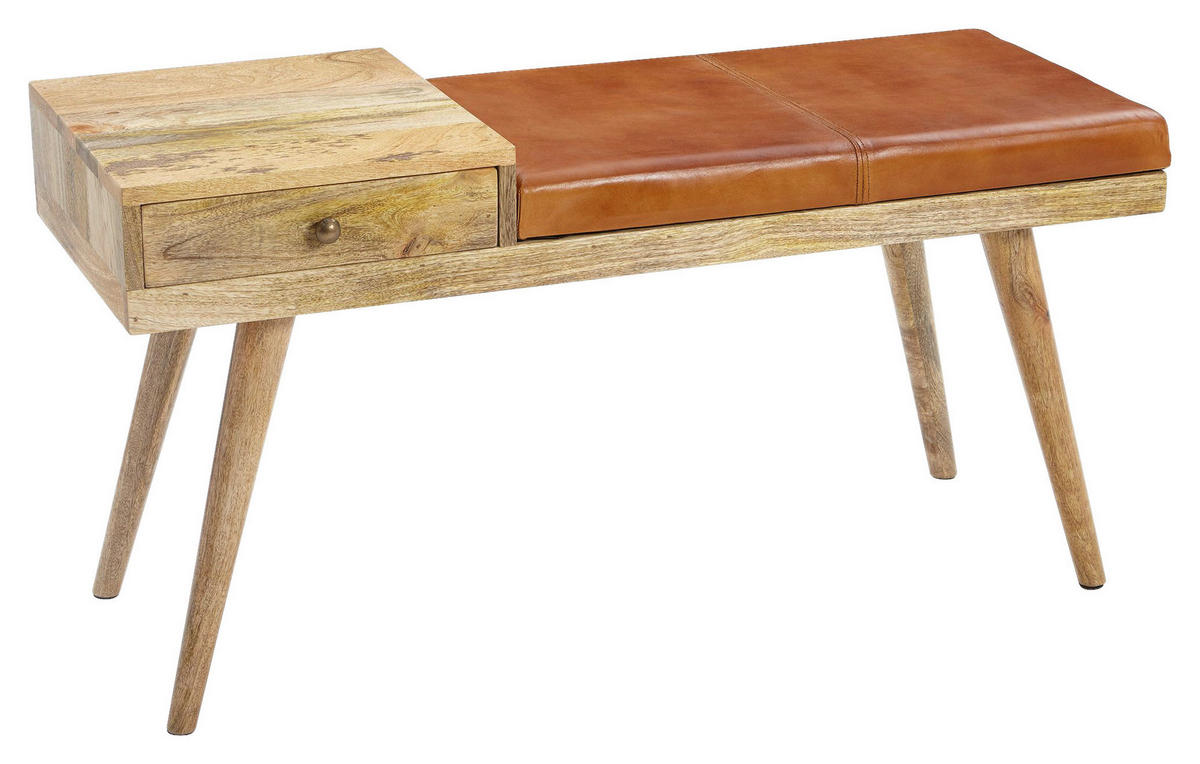 Wohnling Sitzbank natur braun Echtholz Leder B/H/T: ca. 100x52x38 cm Sitzbank - braun/natur (100,00/52,00/38,00cm) - Wohnling