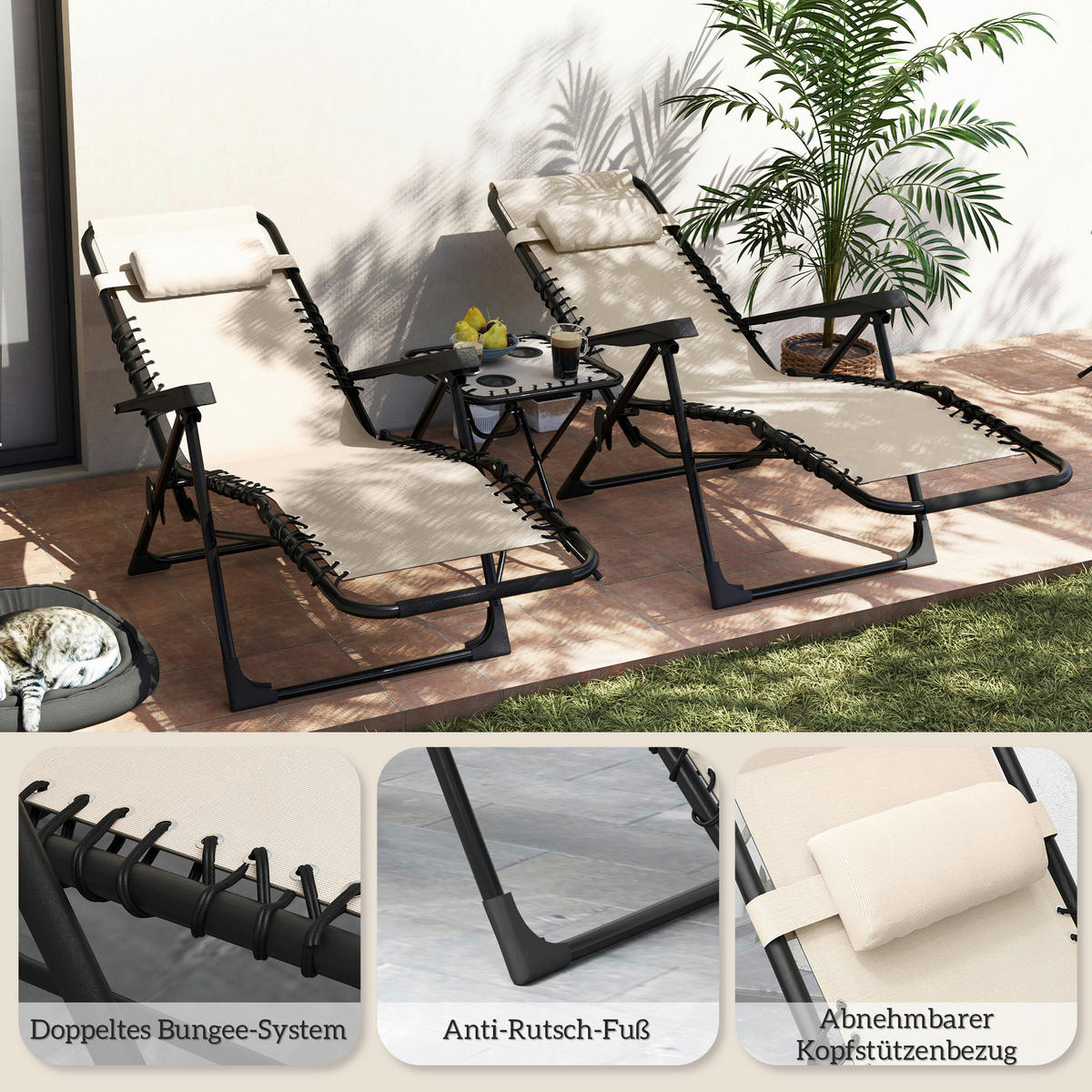 Outsunny Gartenliege 2er Set beige Metall B/H/L: ca. 65x110x90 cm Gartenliege 2er Set - beige (90,00/65,00/110,00cm) - Outsunny