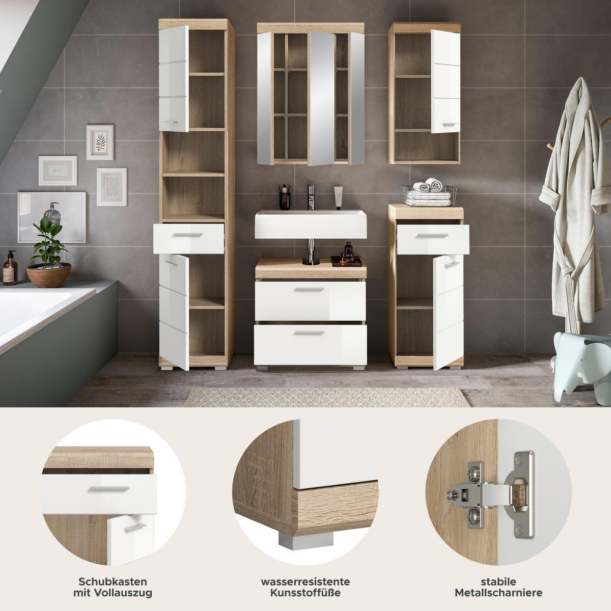 Badezimmer-Set Lambada Eiche Sonoma Nachbildung weiß Hochglanz B/H/T: ca. 164x191x37 cm Lambada - Eiche/weiß (164,00/191,00/37,00cm) - xonox.home