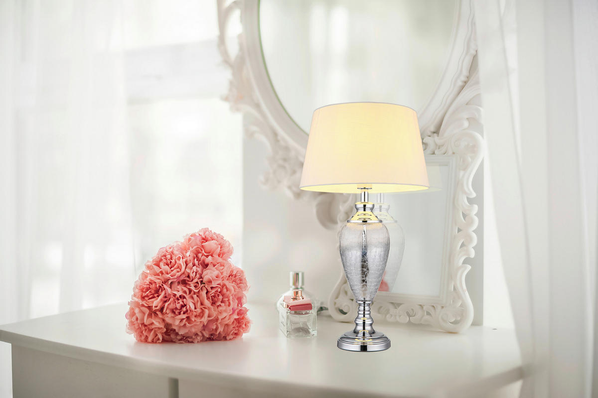 GLOBO Tischleuchte LEILA 24143W Chrom klar weiß Textil Metall Glas H/D: ca. 66x38 cm E27 1 Brennstellen LEILA - klar/weiß (38,00/66,00cm) - GLOBO