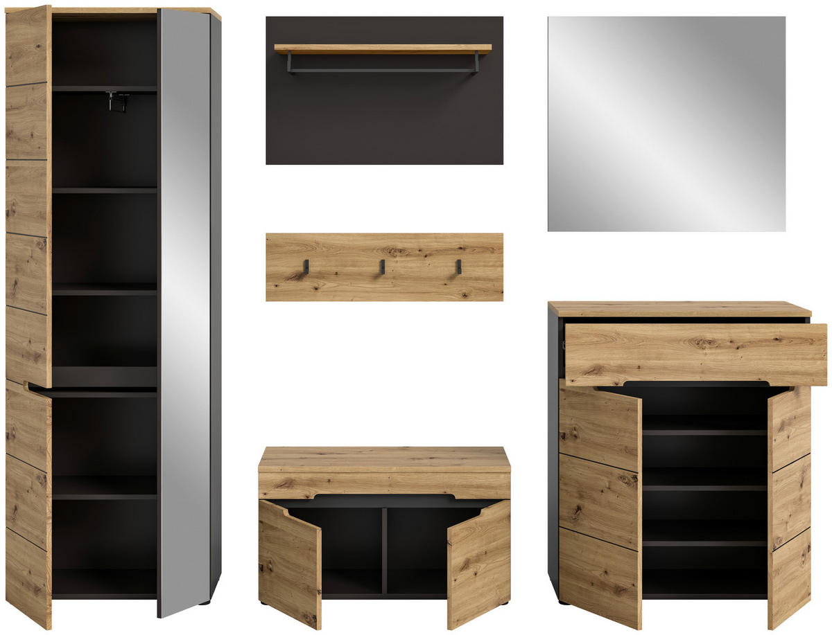 Garderobe CANU edles Basaltgrau Nachbildung Eiche Artisan Nachbildung B/H/T: ca. 255x190x37 cm CANU - Eiche/edles Basaltgrau (255,00/190,00/37,00cm) - xonox.home