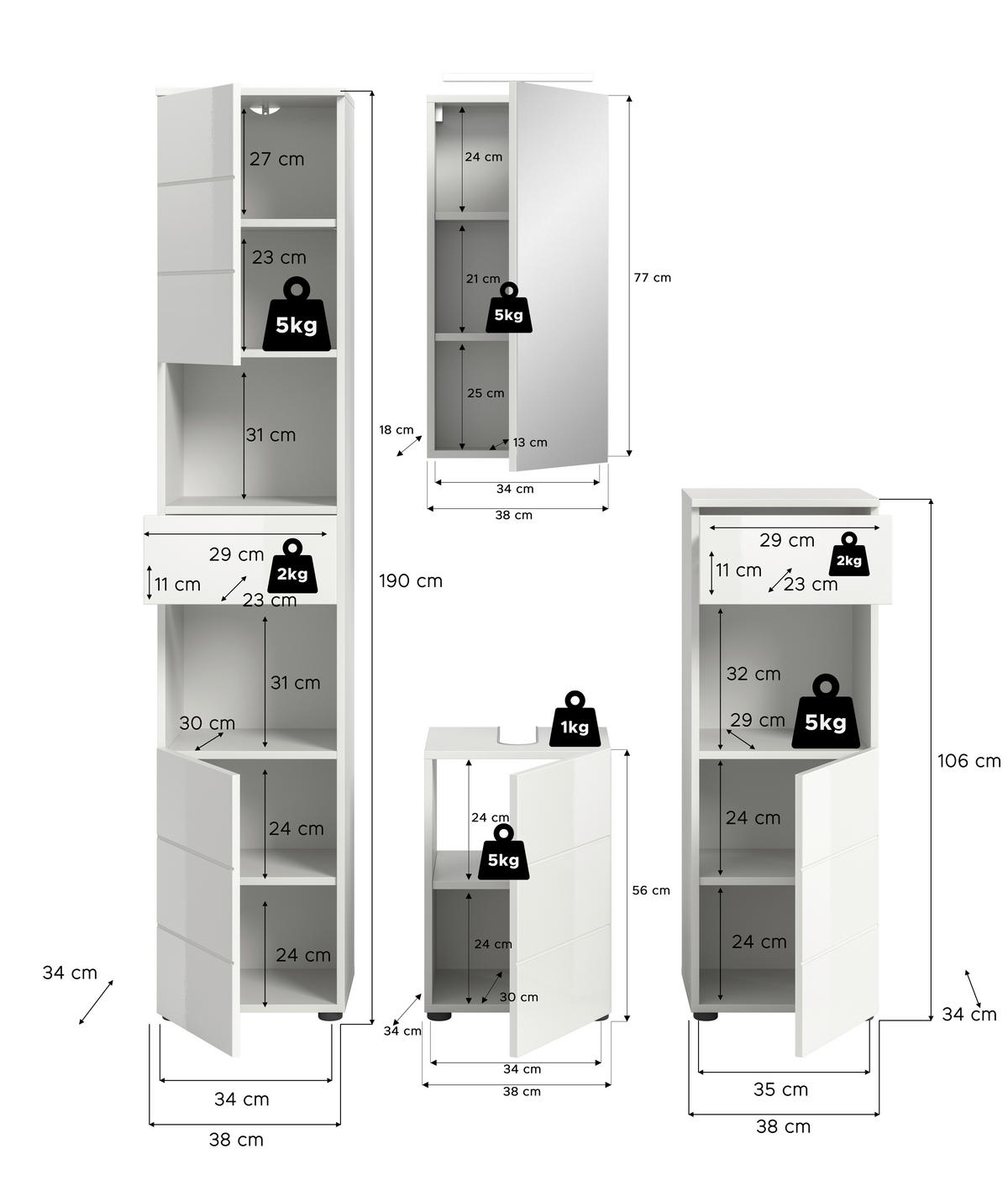 Badezimmer-Set VIRA weiß weiß Hochglanz B/H/T: ca. 144x190x34 cm VIRA - weiß (144,00/190,00/34,00cm) - xonox.home