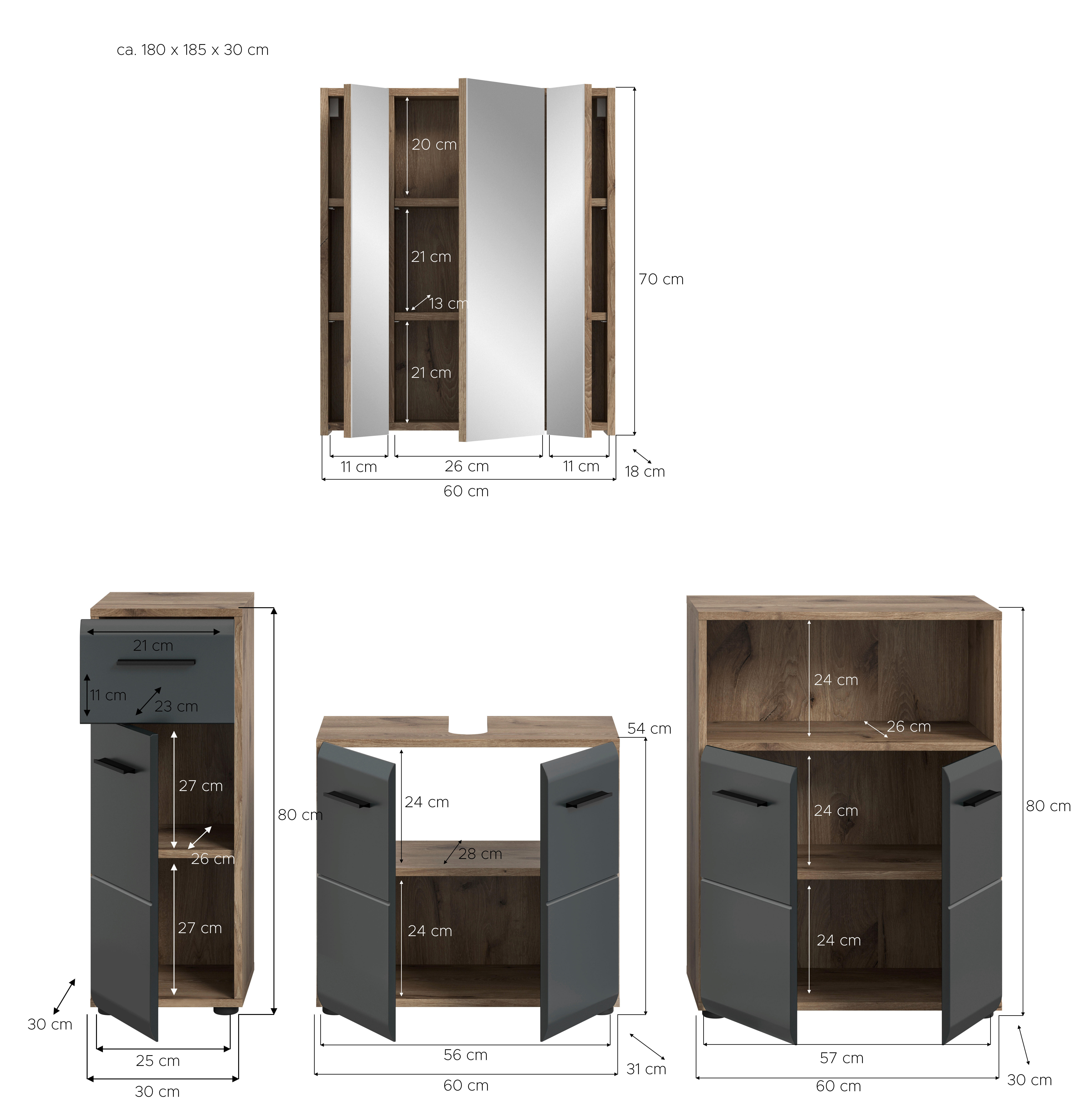 Badezimmer-Set Ice Nox Oak Nachbildung schwarz matt B/H/T: ca. 180x185x30 cm Ice - schwarz (180,00/185,00/30,00cm) - xonox.home