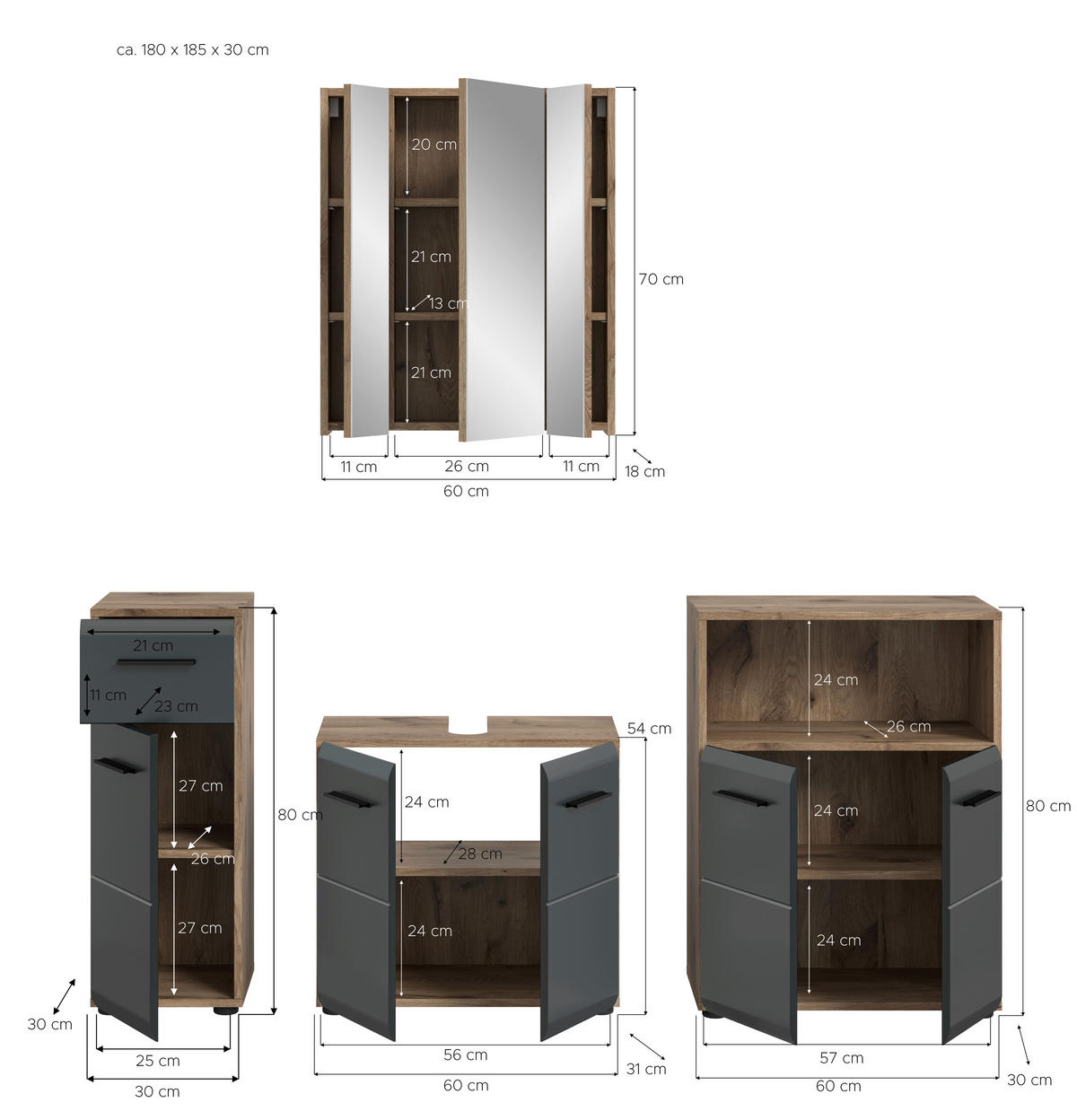 Badezimmer-Set Ice Nox Oak Nachbildung schwarz matt B/H/T: ca. 180x185x30 cm Ice - schwarz (180,00/185,00/30,00cm) - xonox.home