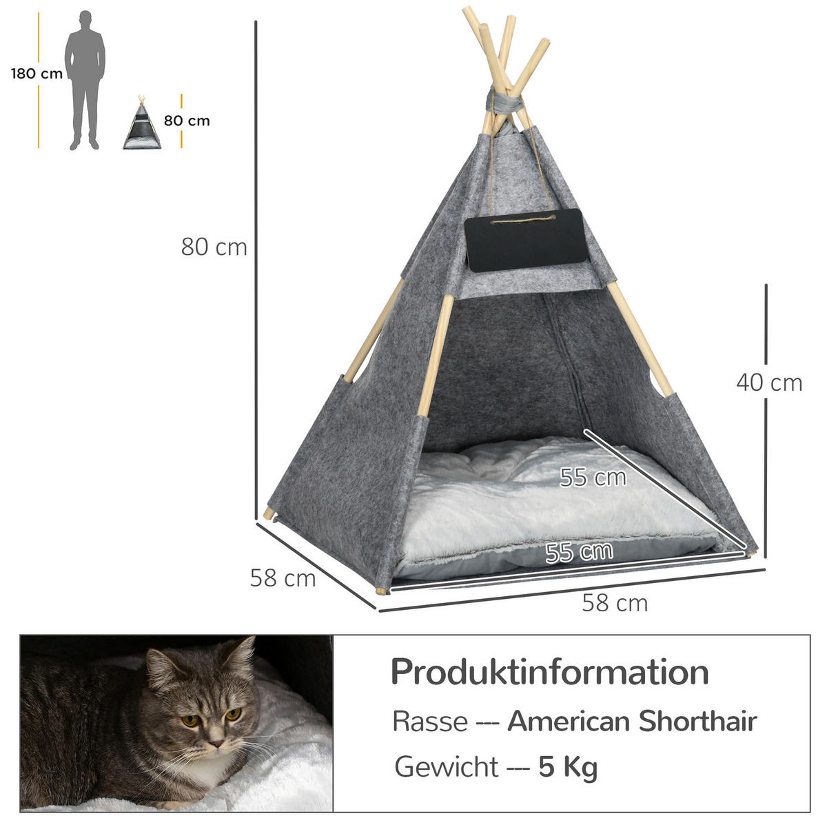 PawHut Haustierzelt m. weichem Kissen grau Polypropylen B/H/L: ca. 58x58x80 cm Haustierzelt - grau (80,00/58,00/58,00cm) - PawHut