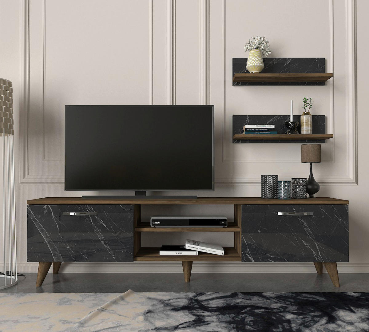 Wohnwand Ayden walnuss Nachbildung dunkelgrau Marmor Optik B/H/T: ca. 150x40,6x30 cm Ayden - walnuss/dunkelgrau (150,00/40,60/30,00cm) - moebel17