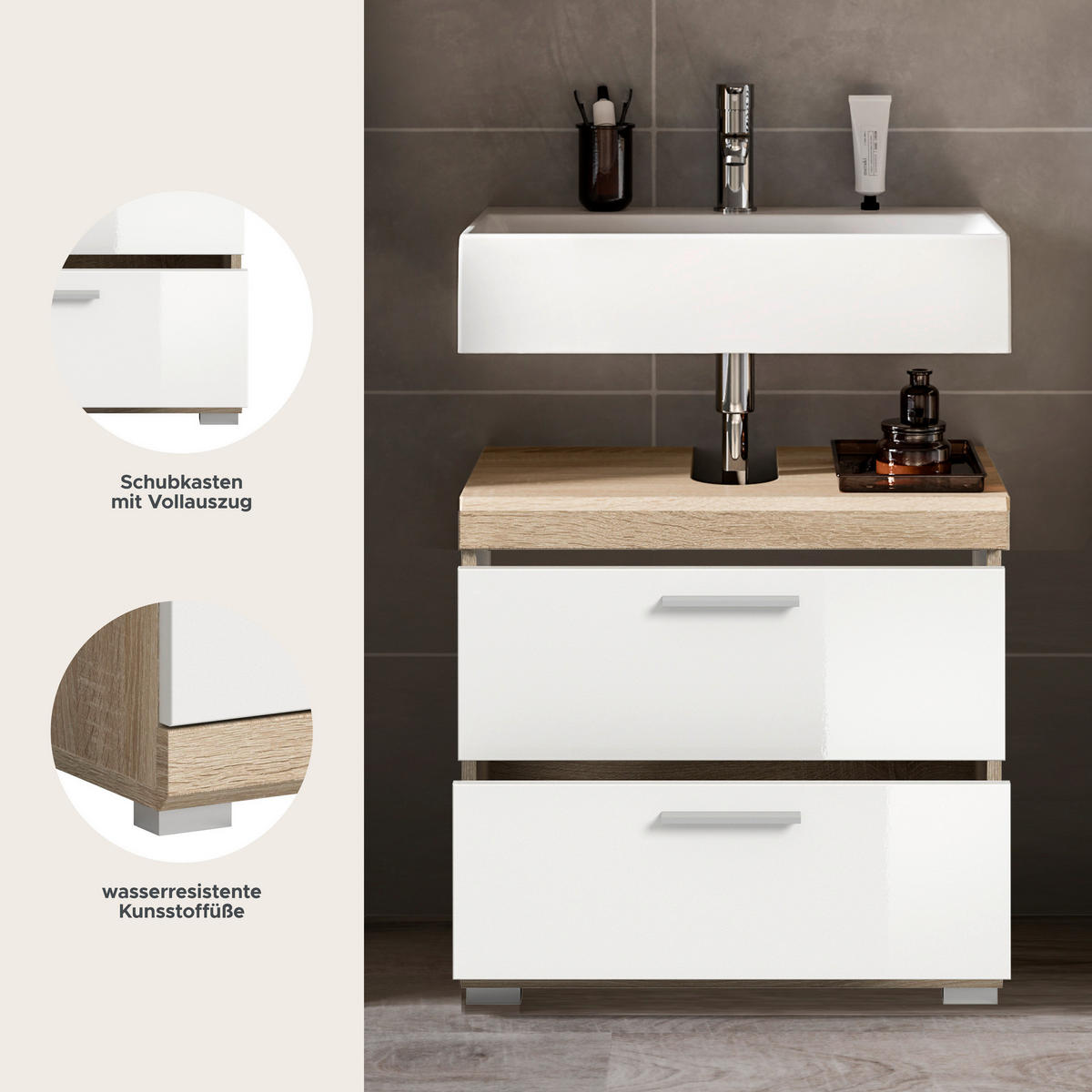 Waschbeckenunterschrank Lambada Eiche Sonoma Nachbildung weiß Hochglanz B/H/T: ca. 60x56x37 cm Lambada - Eiche/weiß (60,00/56,00/37,00cm) - xonox.home