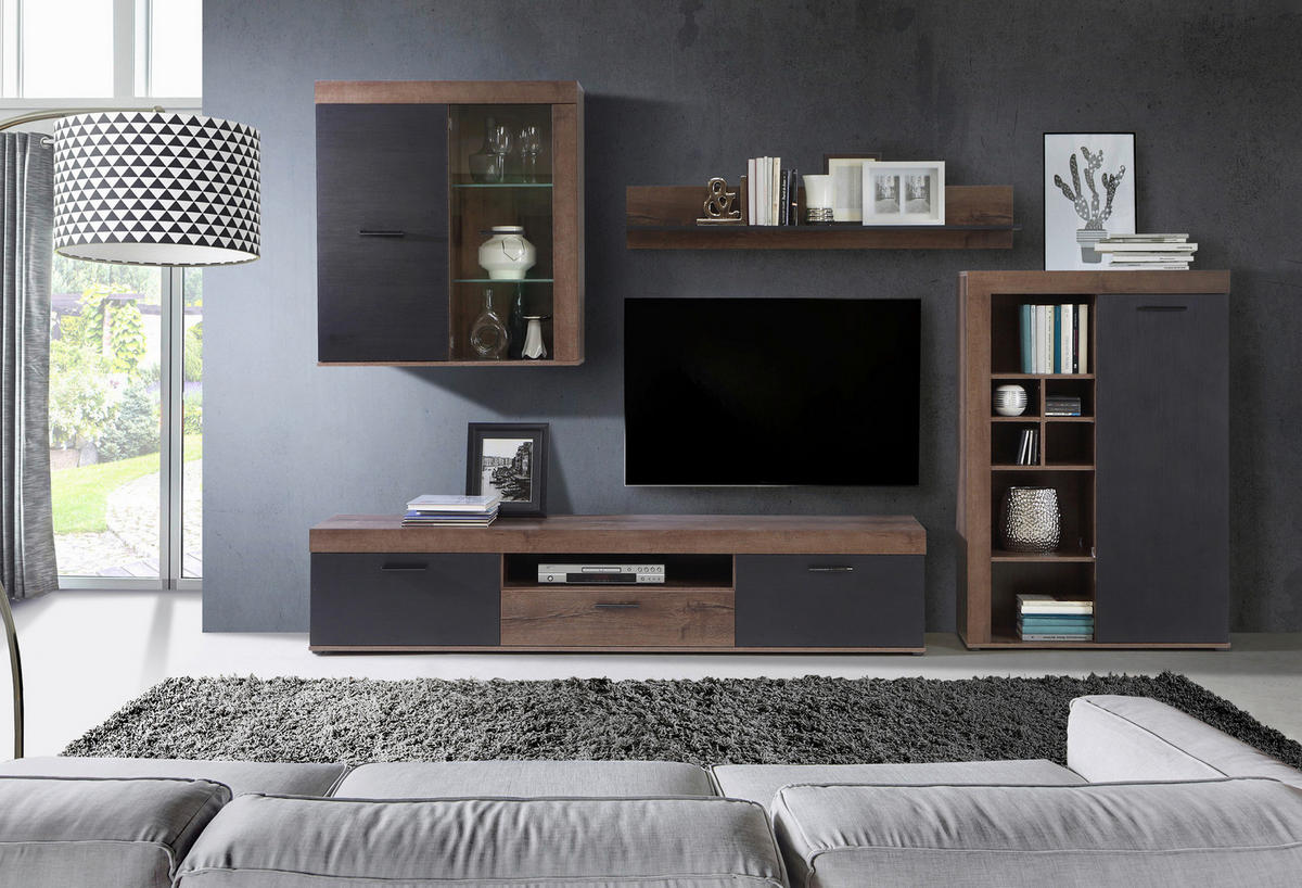 Wohnwand  Eiche Schlamm Nachbildung schwarz Eiche Nachbildung B/H/T: ca. 300x201x39 cm Valentin_Wohnwand VTNM01L-N09 - Eiche/schwarz (300,00/201,00/39,00cm)